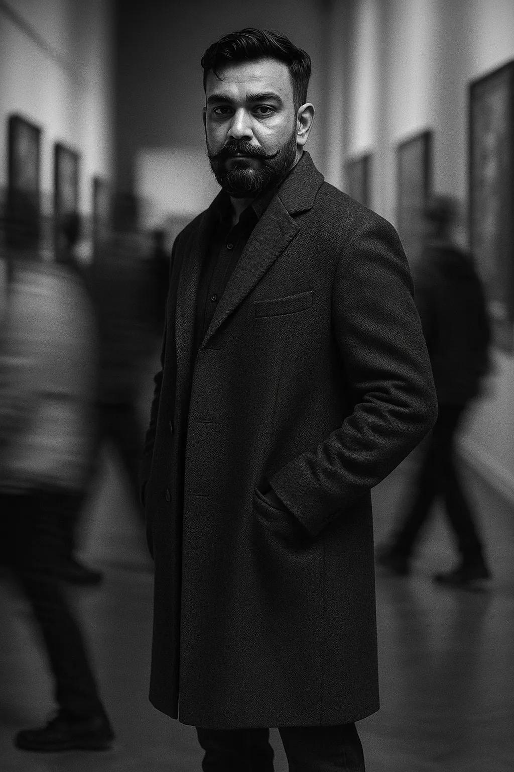 Ultra HD 8K Black-and-White Full-Body Editorial Portrait in Wool Overcoat