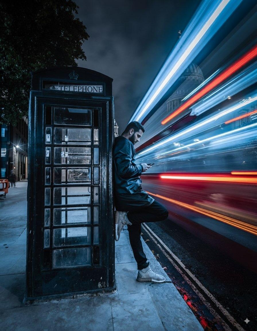 men telephone booth night city light trails