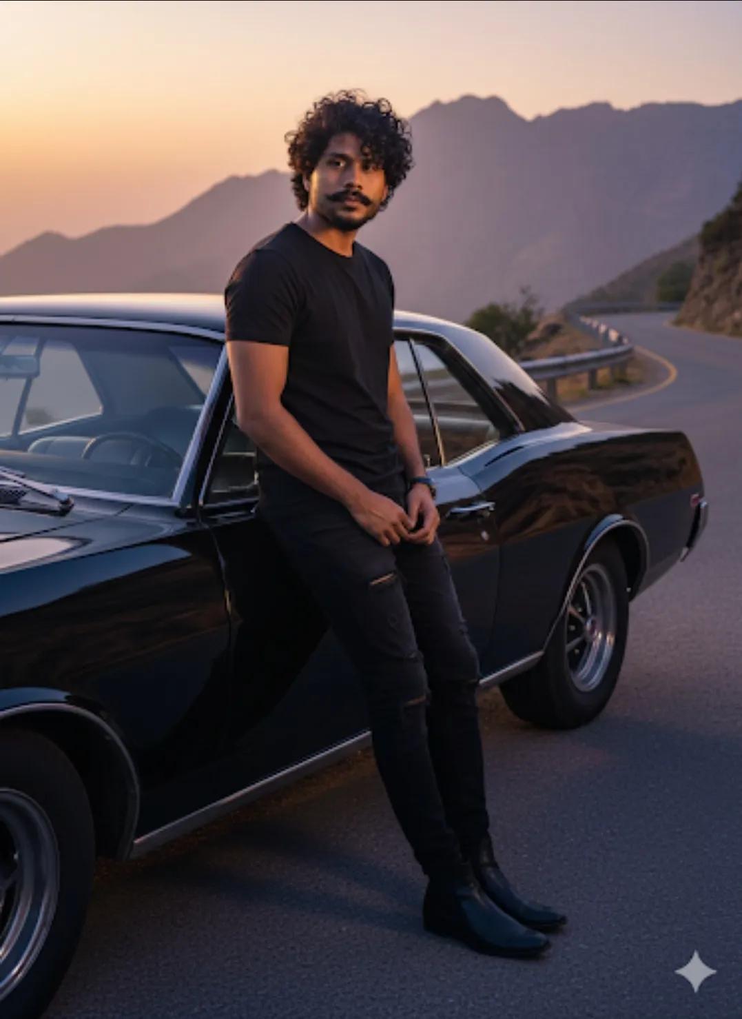 cinematic men black muscle car golden hour