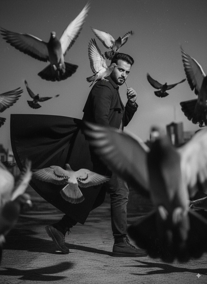 Mysterious Black-and-White Cinematic Portrait with Pigeons