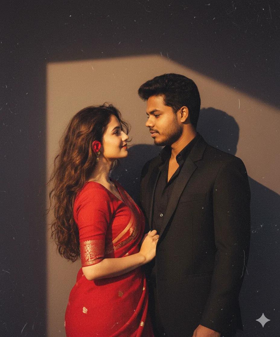 Retro 90s Romantic Portrait in Red Saree and Black Suit