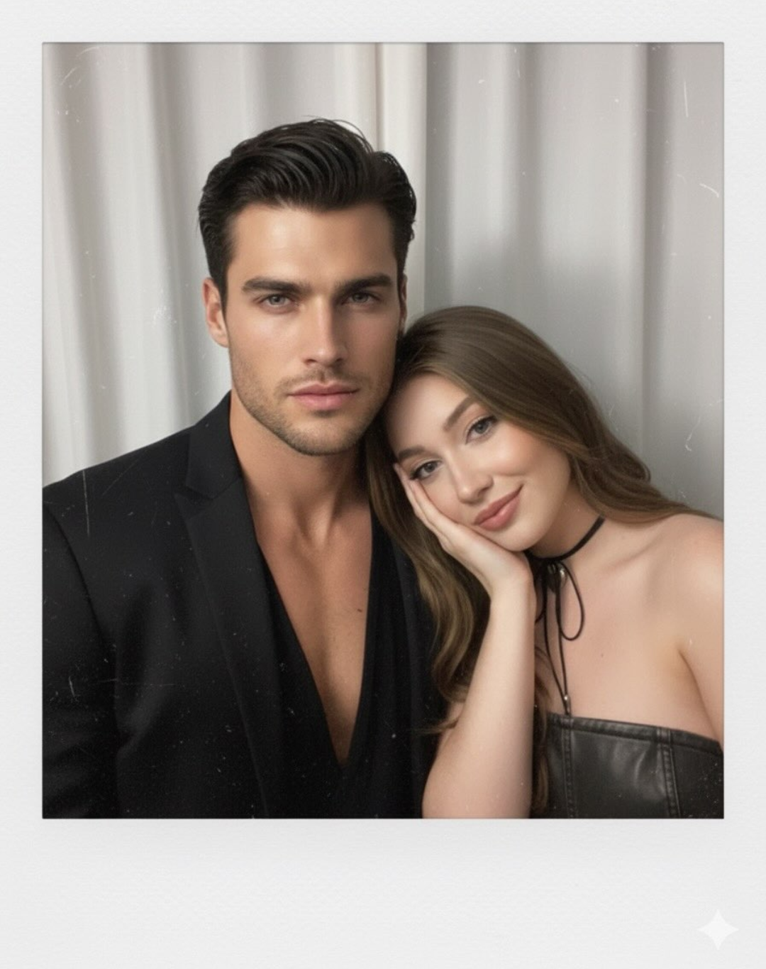 Candid Polaroid-Style Couple Snapshot with White Curtain